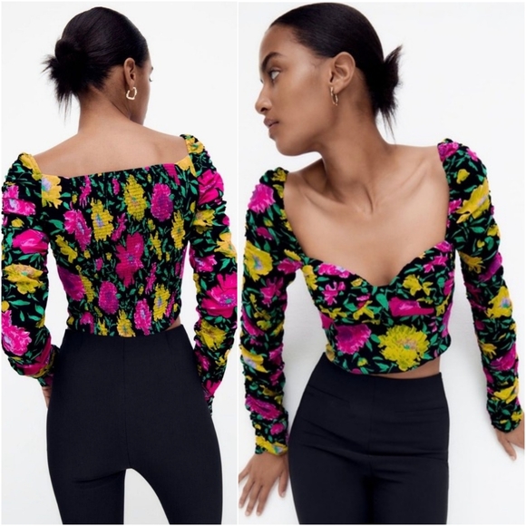 NEW! ZARA Long Sleeve Vibrant Floral Sweetheart Neckline Crop Top XS - Picture 2 of 11